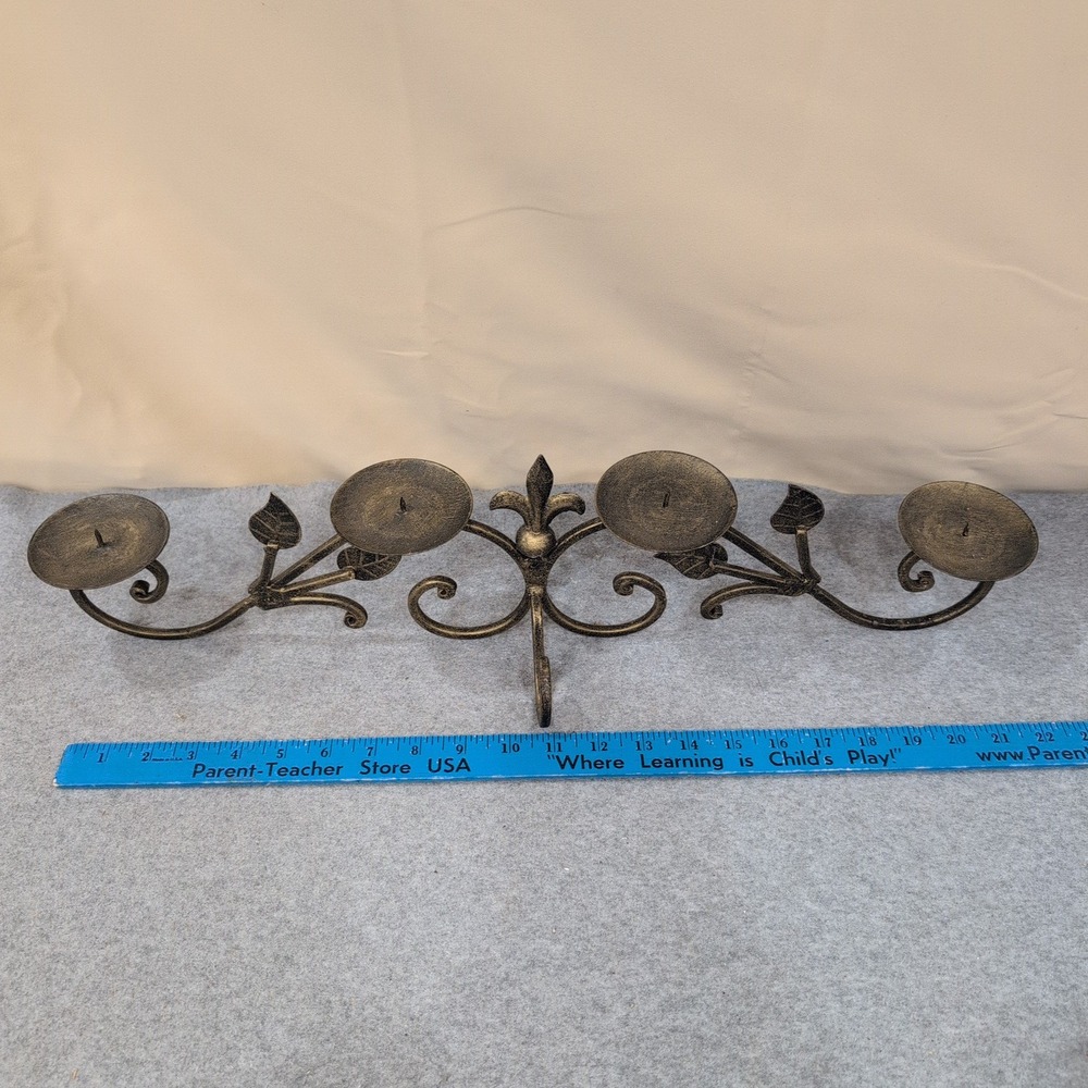 Bronze Fleur-de-Lis 4-Pillar Metal Candelabra Scroll Leaf Mantel Centerpiece - Picture 5 of 5